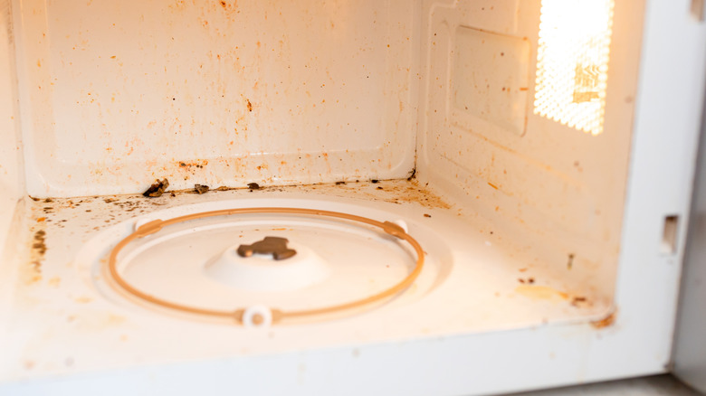 Inside of a microwave covered in grease and stains