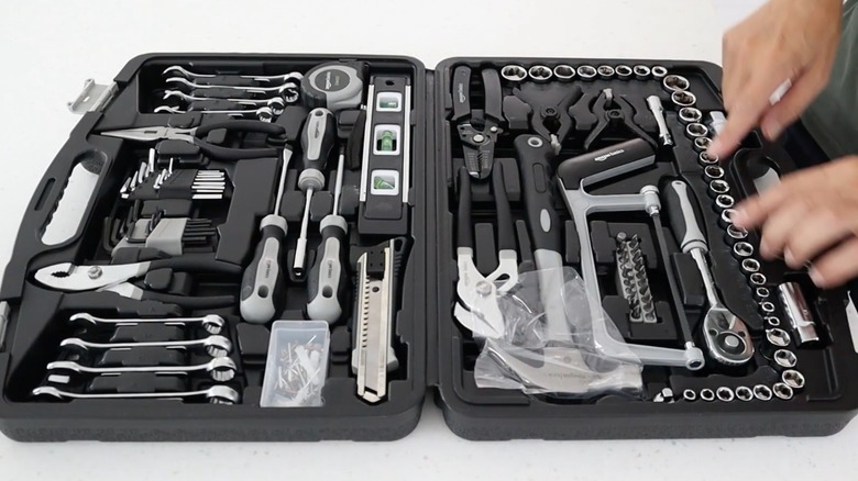 AmazonBasics 173-Piece Household Tool Set open on counter