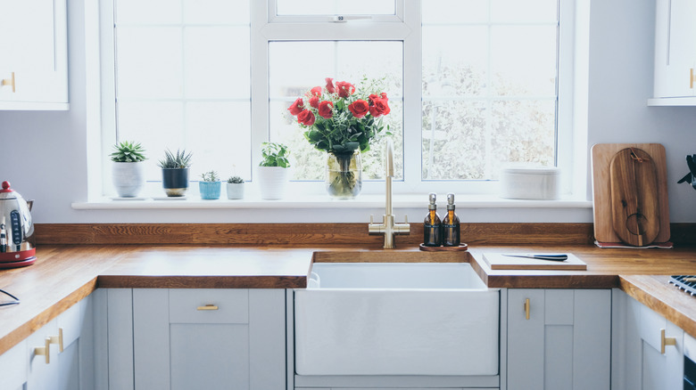 Bright modern kitchen with white counters and walls paired with dark wood butcher block counters.