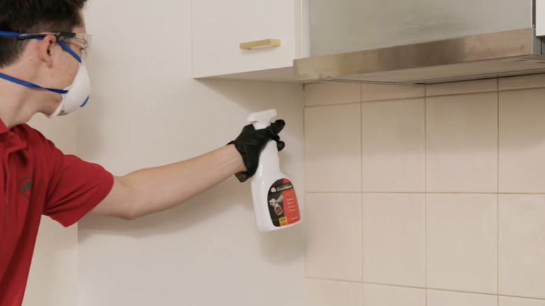 A person sprays sealer onto a tiled kitchen backsplash.