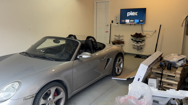 A television in a garage