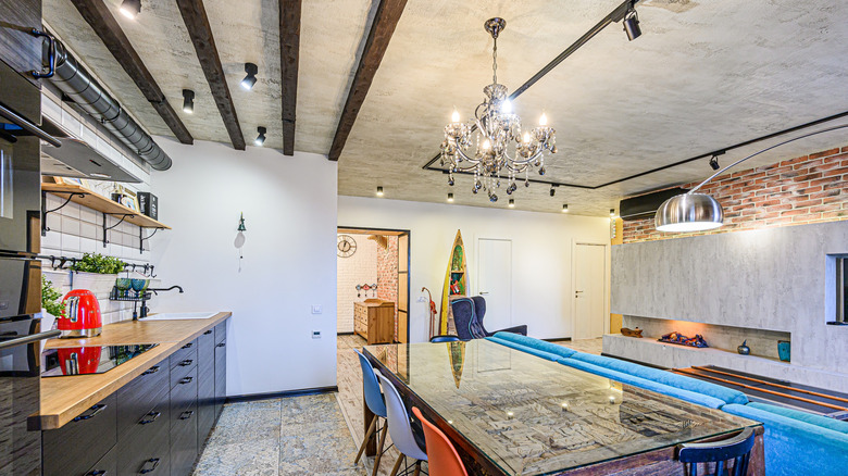 modern kitchen with rustic and contemporary elements and exposed wood beams