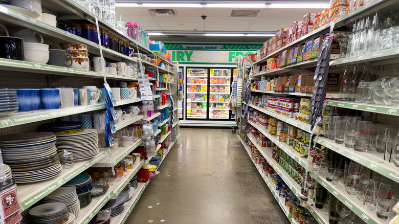 The tableware aisle in a Dollar Tree store.