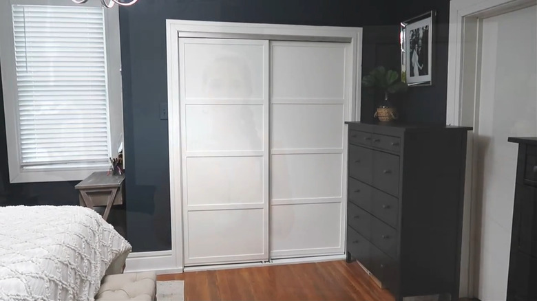 molding lattice and paint are used to transform a closet door