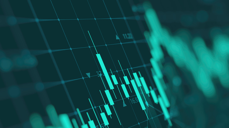 Financial graph with uptrend line technology bar chart of stock market on blue color background.