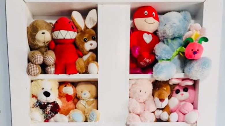 Cubbies on a non-funtioning door converted to storage contain stuffies.