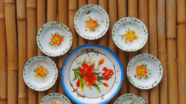 Antique floral plates on a table