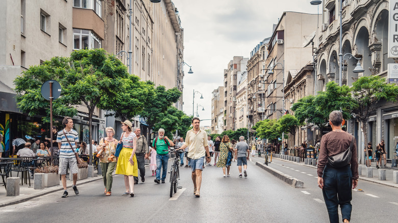People walking down the street in Bucharest Romania