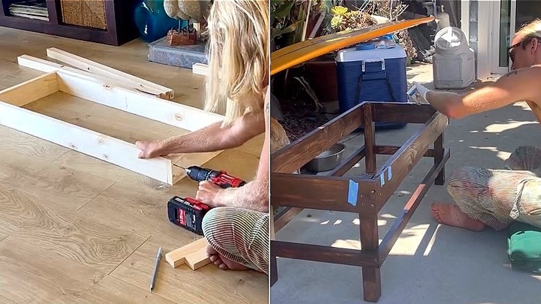 Split image of the top base of the surfboard coffee table being put together and adhesive being applied to the table for the surfboard top