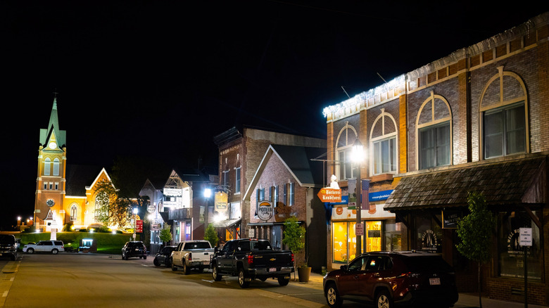 Businesses in New Glarus in the well-lit nighttime