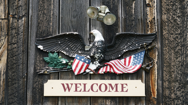 A majestic black eagle with the American flag and "welcome" sign on a wood door