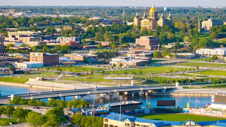 Aerial shot of downtown Des Moines, Iowa with a view of river