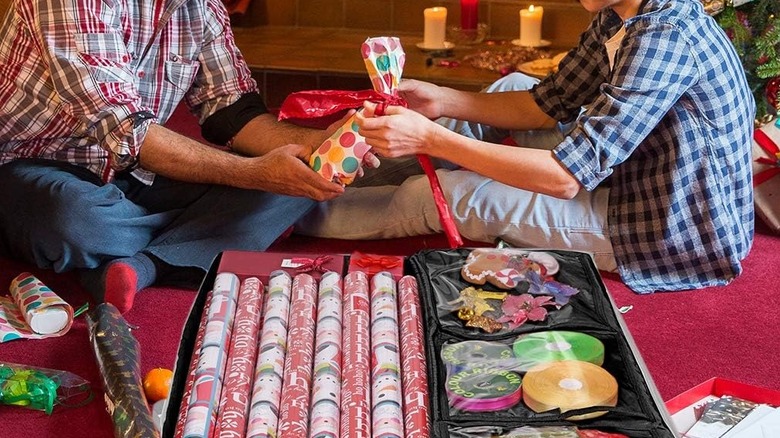 Gifting supplies stored in Primode's Wrapping Paper Storage Container