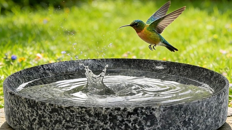 A hummingbird flies over a black marble bird bath.
