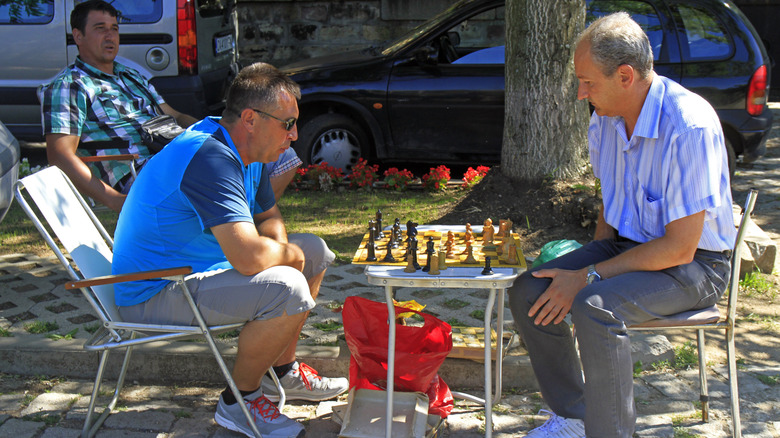 Two senior men playing chess on the streets of Sofia, Bulgaria