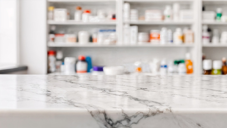 An empty white marble countertop in a kitchen