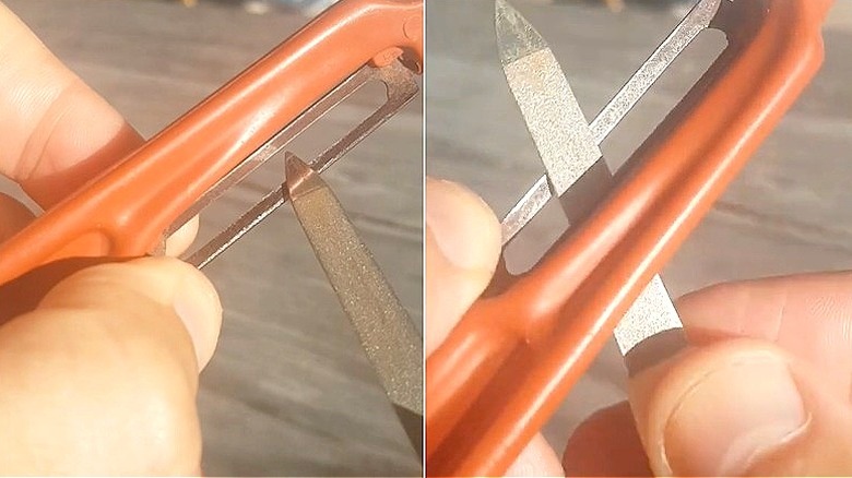 Split image of a person using a metal nail file to sharpen a vegetable peeler