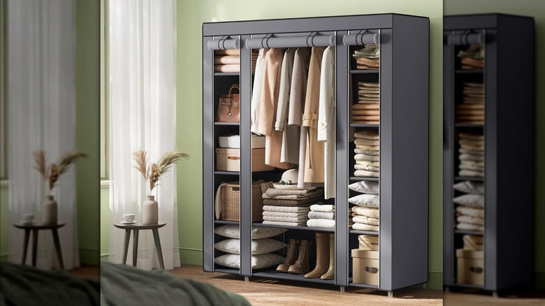 The Amazon Songmics portable wardrobe in a room